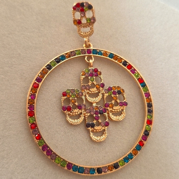 Large Statement Gold Multi Color Hoop Earrings With Skulls - Picture 4 of 8